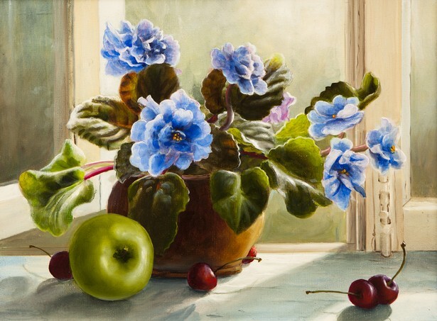 Oil painting of flowers violet, still life beautiful